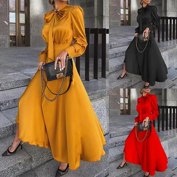 2020 Jesień Z Długim Rękawem Suknie Wieczorowe Dla Kobiet Żółty Elegancki Łuk Czarna Kobieta Długa Sukienka Slim Elegancki Koszula Sukienka Vintage Vestido