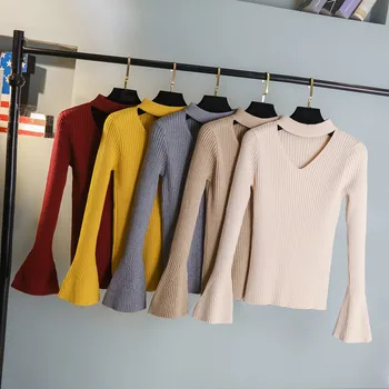 2020 Jesień Zima nowy elegancki V neck modny All Match Slim Fit rozgorzał rękaw sweter damska koszula z długim rękawem top