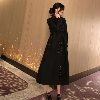 2020 kobiety zima elegancki czarny super długi wełniany płaszcz kurtka wełna Wysoka talia pas A-line płaszcz płaszcz