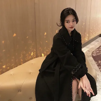 2020 kobiety zima elegancki czarny super długi wełniany płaszcz kurtka wełna Wysoka talia pas A-line płaszcz płaszcz