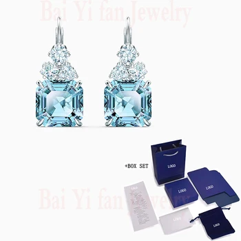 2020 moda SWA nowe błyszczące kolczyki z kolczykowaniem wyraźne linie jasno-niebieski kwadratowy ozdobny Kryształ kobieta biżuteria romantyczny prezent