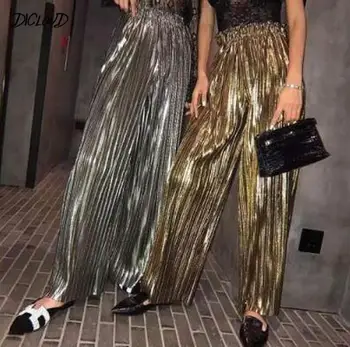 2020 Modne letnie damskie metalowe szerokie plisowane spodnie z wysokim stanem w stylu retro złoto-srebrne błyszczące codzienne długie spodnie
