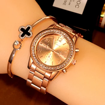 2020 Modny Zegarek Damski Geneva Różowe Złoto Metal Stalowy Pasek Zegarek Kwarcowy Luksusowe Sukienki Damskie Zegarki Damskie Zegarki