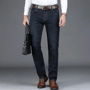 2020 męskie wiosenne biznesu dorywczo markowe wysokiej jakości proste dżinsy męskie jesienne denim niebieskie grube spodnie czarne długie spodnie kowbojskie