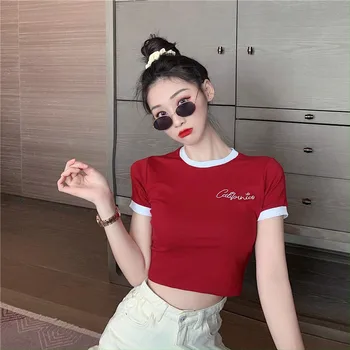 2020 New Korean Chic Women Summer Short Sleeve Tee Haft Splice Tops Basic Solid Color Casual Patchwork Sexy Short T-Shirt