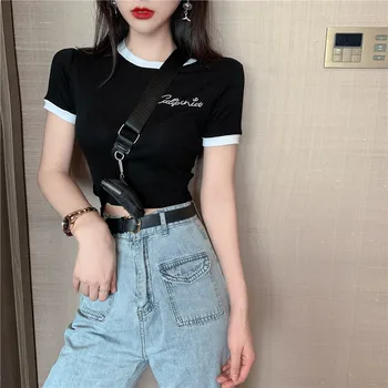 2020 New Korean Chic Women Summer Short Sleeve Tee Haft Splice Tops Basic Solid Color Casual Patchwork Sexy Short T-Shirt