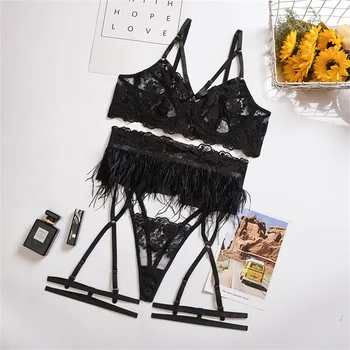 2020 New Sexy Classic Feather Lace Embroidery Cross Underwire Lingerie Women Set 3PCS Push Up Bra Set Underwear Party Set HB268