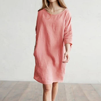 2020 Nowe Lniane Sukienki Damskie Rękawy O Neck Kieszenie Temat Codzienne Damskie Sukienki Plus Size Moda Vintage Plaża Twarda Odzież