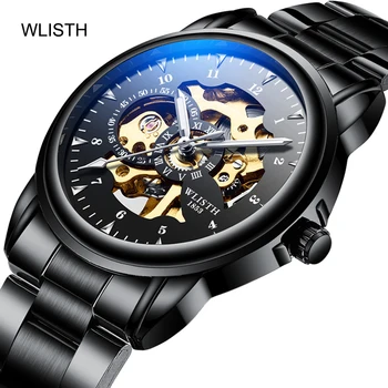 2020 Nowy Czarny Złoty Retro Świecące Strzałki Moda Diament Wyświetlacz Zegarek Mechaniczny Szkielet Zegarki Najlepsze Marki Luxur