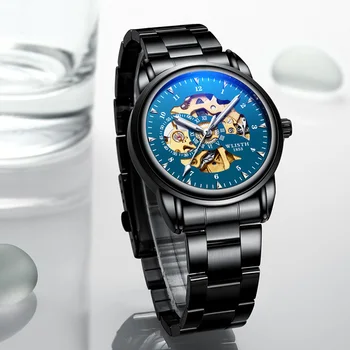 2020 Nowy Czarny Złoty Retro Świecące Strzałki Moda Diament Wyświetlacz Zegarek Mechaniczny Szkielet Zegarki Najlepsze Marki Luxur