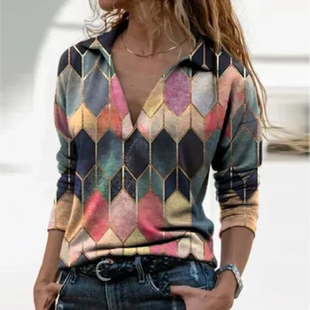 2020 Nowy Krajobraz Wydruku Bluzka Koszula Jesień Vintage Sweter Z Długim Rękawem Topy Biuro Lady Elegancki V Neck Temat Blusas Plus Size