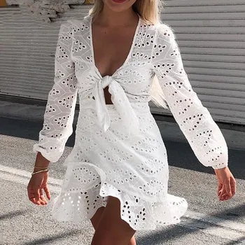 2020 nowy styl biały dekolt siatki dorywczo sukienka koronka siatka szydełku sukienka mini elegancka moda śliczna sukienka Bodycon Dress party