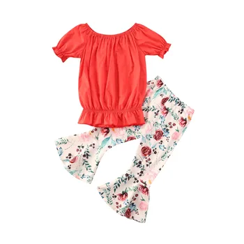 2020 od 2 do 7 lat dziecko dziecięcy dzieci Baby Girl zestaw ubrań Letni top z krótkim rękawem kwiatowe spodnie-dzwony kochanie odzież stroje 2szt