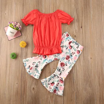 2020 od 2 do 7 lat dziecko dziecięcy dzieci Baby Girl zestaw ubrań Letni top z krótkim rękawem kwiatowe spodnie-dzwony kochanie odzież stroje 2szt