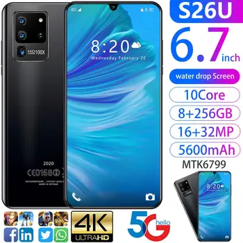 2020 S26U telefon komórkowy 6.7 8G RAM 256GB ROM Dual SIM 16MP kamera przednia MTK6799 Ten Core OS 5G telefony komórkowe smartfony 5600mAh