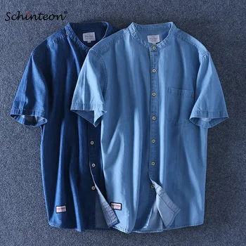 2020 Schinteon Summer Men Cotton Shirt Short Sleeve Stand Collar Thin Slim Casual Denim Slub Cotton Comfortable Shirt
