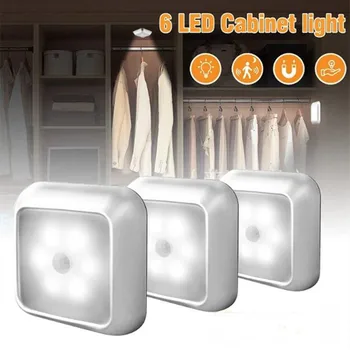 2021 Battery Powered 6 LED Square Motion Sensor Night Lights PIR Induction Under Cabinet Light Closet Lamp for Stairs Kitchen