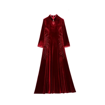 2021 jesienna moda kobiety poprawiły Cheongsam Maxi Dress w średnim wieku, matka sukienki damskie fioletowy szlafrok Femme plus rozmiar 4xl wino