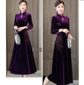 2021 jesienna moda kobiety poprawiły Cheongsam Maxi Dress w średnim wieku, matka sukienki damskie fioletowy szlafrok Femme plus rozmiar 4xl wino