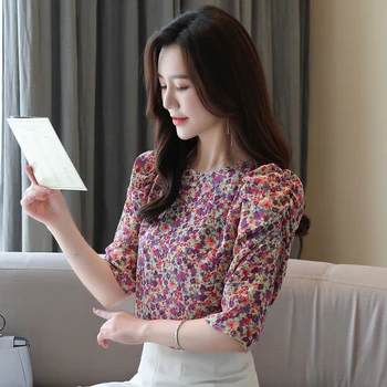 2021 Koreański Styl Letnia Kwiatowa Szyfonowa Koszula Kobiety Rękawy O Neck Pullover Bluzka Czerwony Top Kobiety Blusas 9151 50