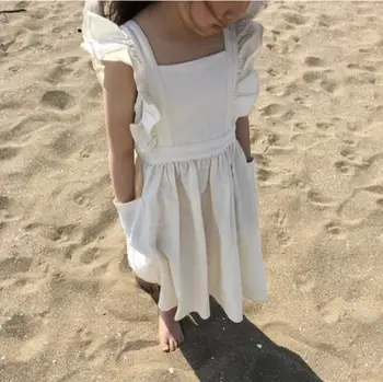 2021 koreańskie sukienkę dla dziewczyn lniane sukienki bez rękawów, na szelkach dla dzieci jesień plac biała odzież do wypoczynku nad morzem