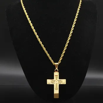 2021 moda duże długi naszyjnik ze stali nierdzewnej dla mężczyzn złoty kolor Jezus krzyż naszyjnik łańcuch Biżuteria kolye erkek N1172S03