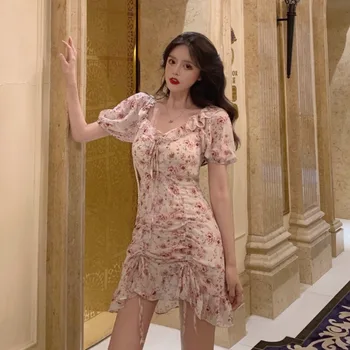 2021 Moda Lato Z Ramienia Muszka Słodki Potargane Nanoszone Sexy Klubowe Mini-Sukienki Kobiety Koreański Druku Szyfonowa Sukienka 9818