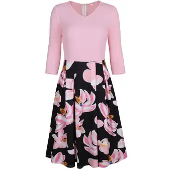 2021 moda sukienka vintage dla kobiet V-neck kwiatowy print linia wysoka talia średni rękaw retro party patchwork kieszeni sukienki