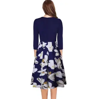 2021 moda sukienka vintage dla kobiet V-neck kwiatowy print linia wysoka talia średni rękaw retro party patchwork kieszeni sukienki