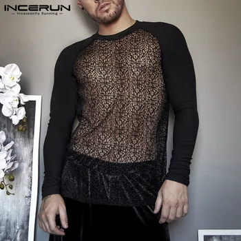 2021 modna męska koszulka przezroczysta z długim rękawem O-neck Sexy piżama party koszulka z siatki patchwork Camiseta Masculina INCERUN 7