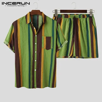 2021 męskie Hawajskie zestawy paski krótki rękaw klapy przycisk casual shirt spodenki plażowe meble ubrania oddychające męskie garnitury INCERUN 7