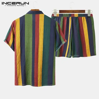 2021 męskie Hawajskie zestawy paski krótki rękaw klapy przycisk casual shirt spodenki plażowe meble ubrania oddychające męskie garnitury INCERUN 7