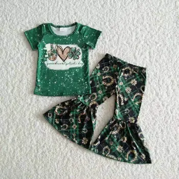 2021 New Baby Girls Clothes Set Clover Green Print Short Sleeve Top Bell-Bottom Toddler Kids Wear For st patricks day outfit