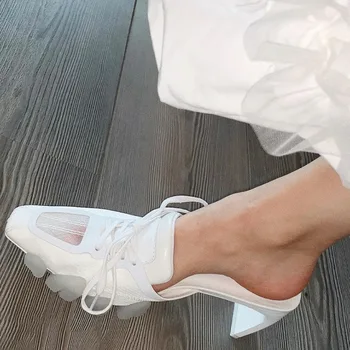 2021 nowe damskie kapcie sexy kwadratowy nosek pantofle na wysokim obcasie letnie sandały sznurowane damskie czółenka na zewnątrz slajdy gumowe buty kobieta