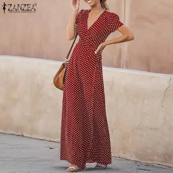 2021 plus rozmiar ZANZEA kropki sukienkę letnie kobiety V neck z długim rękawem elegancka impreza długa maxi sukienka Vestido Femme tunika szlafrok