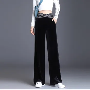 #2030 Jesień Whitner Czarny Niebieski Welur Spodnie Damskie Maile Wysokiej Talii Spodnie Dostępne Eleganckie Ciepłe Spodnie Koreańskiej Mody