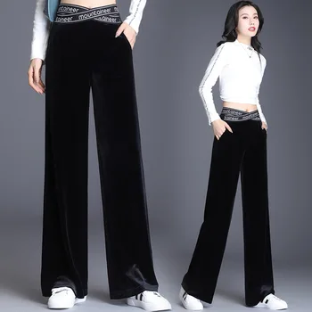 #2030 Jesień Whitner Czarny Niebieski Welur Spodnie Damskie Maile Wysokiej Talii Spodnie Dostępne Eleganckie Ciepłe Spodnie Koreańskiej Mody