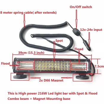 216w Combo beam Car Led bar 15 inch Spot/Flood Offroad headlight Magnet Mounts Auto led work light bar 4x4 SUV driving Fog lamp
