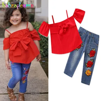2szt dziecko dziewczyny odzież moda letnia odzież dla Dzieci topy Czerwony krótki rękaw t-shirt+kwiat jeans odzież Dziecięca zestawy BC1735-1
