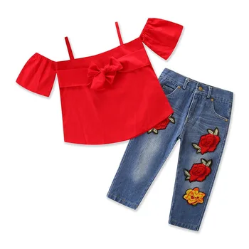 2szt dziecko dziewczyny odzież moda letnia odzież dla Dzieci topy Czerwony krótki rękaw t-shirt+kwiat jeans odzież Dziecięca zestawy BC1735-1