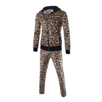 2szt męski leopard print z kapturem kostium zestaw moda casual z długim rękawem na zamek męska bluza z kapturem + spodnie komplet odzieży jesień