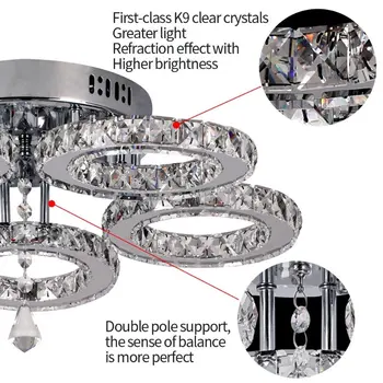 3/5 pierścienie Kryształ K9 led, żyrandole oświetlenie nowoczesny chrom połysk plafon oprawa sufitowa ze stali nierdzewnej do kuchni