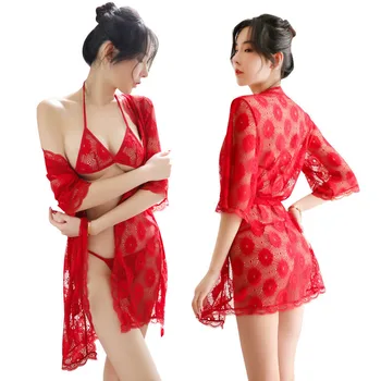 3 szt./kpl. koronkowy płaszcz kąpielowy z biustonoszem zestawy Sexy Lingere kimono kobiety eleganckie druhna przejrzysta strona ubrania, piżamy, szlafroki kąpielowe pod prysznic
