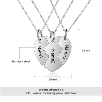 3 szt./ kpl. połączenie w kształcie serca spersonalizowane rodzinny prezent wygrawerować imię naszyjnik biżuteria ze stali nierdzewnej (JewelOra NE103177)