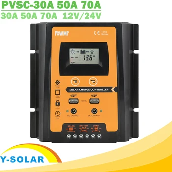 30A 50A 70A MPPT PWM Solar Charge Controller 12V 24V Dual USB Solar Regulator with Big LCD IP32 PV Battery Controller Load Timer