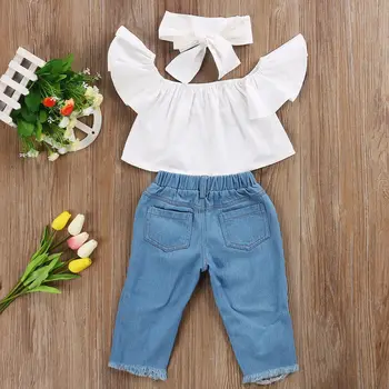3szt Infantil Baby Girls z ramienia dorywczo szczyty wzburzyć koszulki mały kwiat mały denim jeans dzieci dzieci kostium odzież dla dzieci