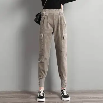 3XL rozmiar plus codzienne meble odzież Spodnie cargo kobiety rocznika Jesień Zima długie aksamitne spodnie kieszenie czarne spodnie damskie C6781