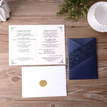 (50 szt./lot) Złota folia tłoczenie muzułmański ślub zaproszenia karty indywidualne ciemny niebieski biznes zaproszenie na urodziny CX919