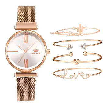 5szt zegar komplet z bransoletką i bransoletką panie zegarek kwarcowy zegarek kobiet mody zegarek zegarki luksusowe różowe magnetyczne zegarek zegarek damski