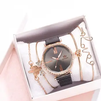 5szt zegar komplet z bransoletką i bransoletką panie zegarek kwarcowy zegarek kobiet mody zegarek zegarki luksusowe różowe magnetyczne zegarek zegarek damski